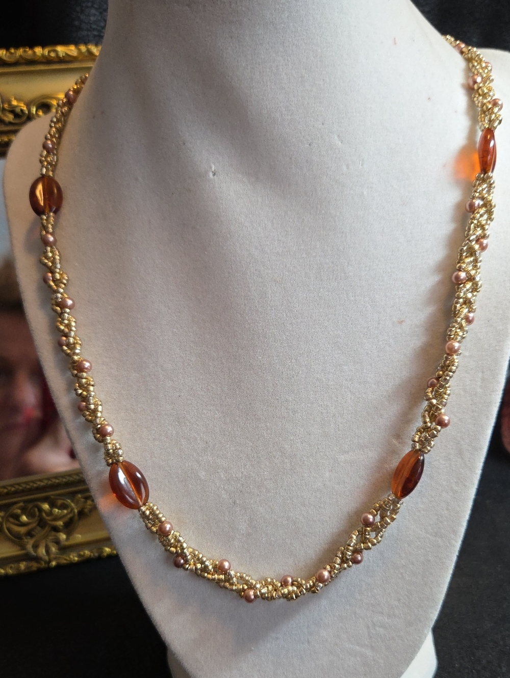 Gold-Tone Braided Glass Bead Necklace with Amber and Pink Pearl  Accents